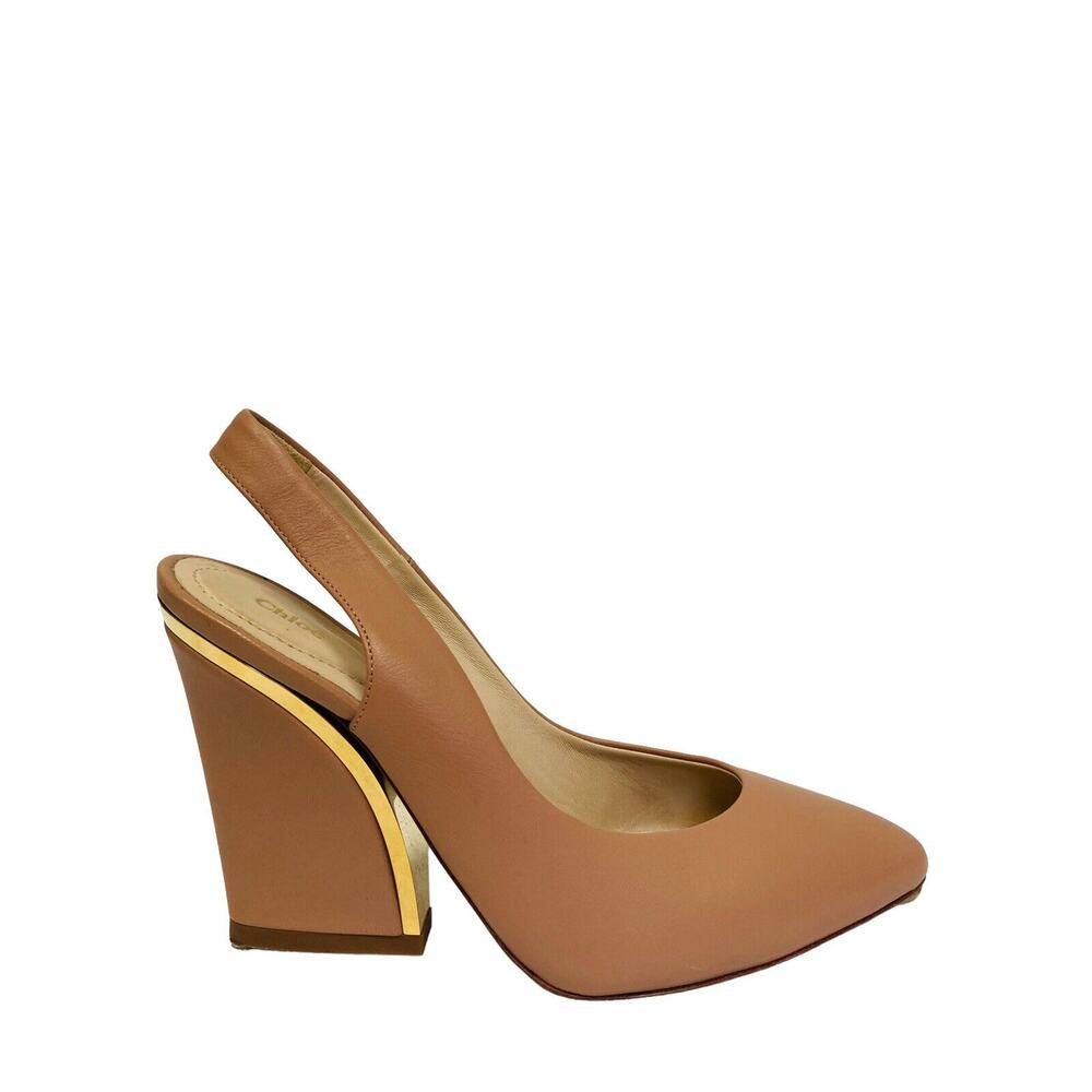 CHLOE $750 Nude Beige Leather Slingback Gold Trim Block Heel Pumps Size 36 US 6